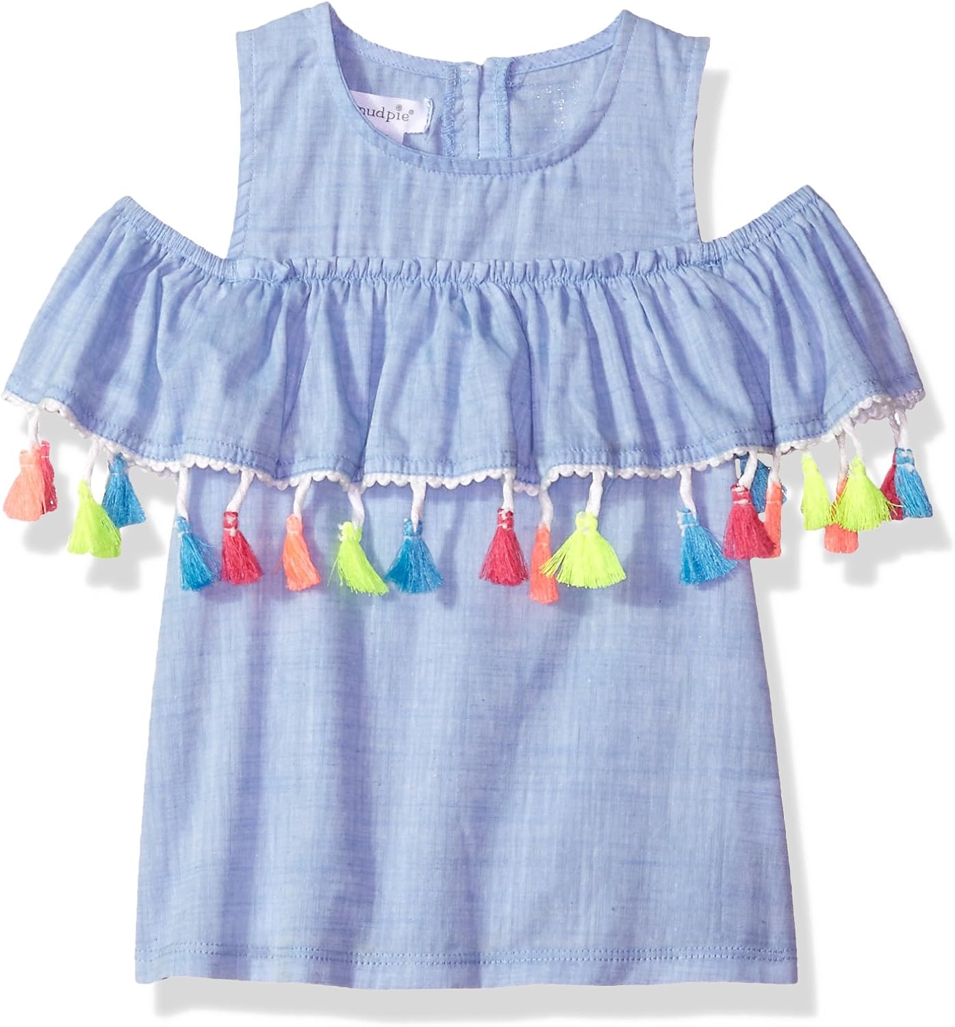 Mud Pie Baby Girls Chambray Cold Shoulder Tassel Top: Clothing