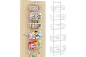 Hongtamoya Adjustable Over The Door Organizer, Metal Hanging Door Organizer with 5 Wire Basket 7 Hooks, Wall Mounted Shelf for Pantry Closet Organization and Storage, White