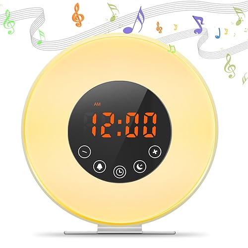 Digital Alarm Clock Sunrise and Sunset LED Wake Up Light Table Lamp Bed Night Light, Natural Sounds, Sleep Function, FM Radio (6 colors, touch control)