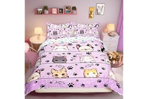 Manfei Cartoon Cat Duvet Cover Set Toddler Size,Kitten Kitty Pet Purple Bedding Set,Cute Animals Quilt Cover for Kids,Comforter Cover(No Filler),2 Pcs