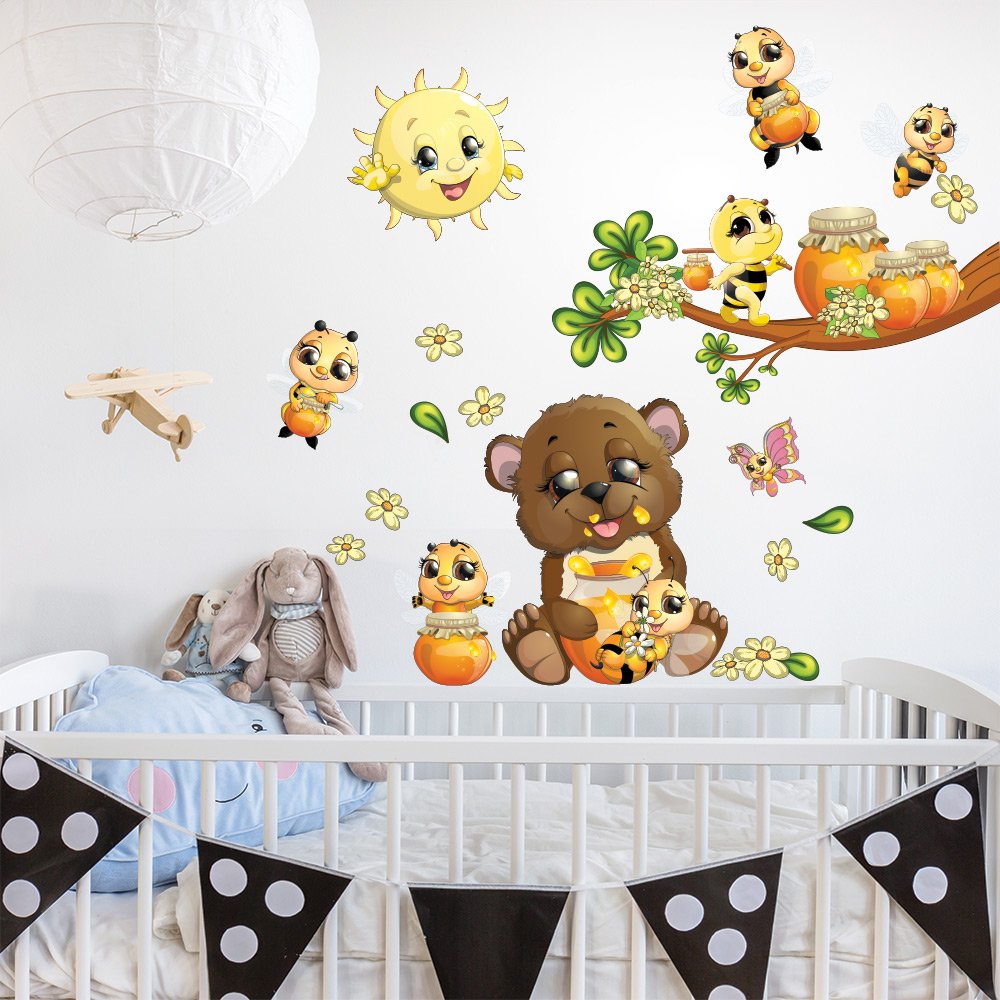 R Adesivo murale per bambini Wall Art Orsetto api e miele R Adesivo murale per bambini Wall Art Orsetto api e miele Misure 30x120 cm Decorazione parete adesivi per muro carta da parati Amazon Casa