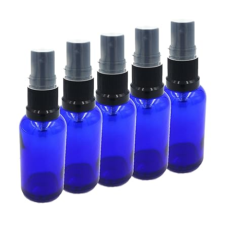 5 x Blauglasflasche 30ml royalblau / Sprühflasche inkl. Pumpzerstäuber / Sprühkopf schwarz DIN 18 mit transparenter Schutzkap