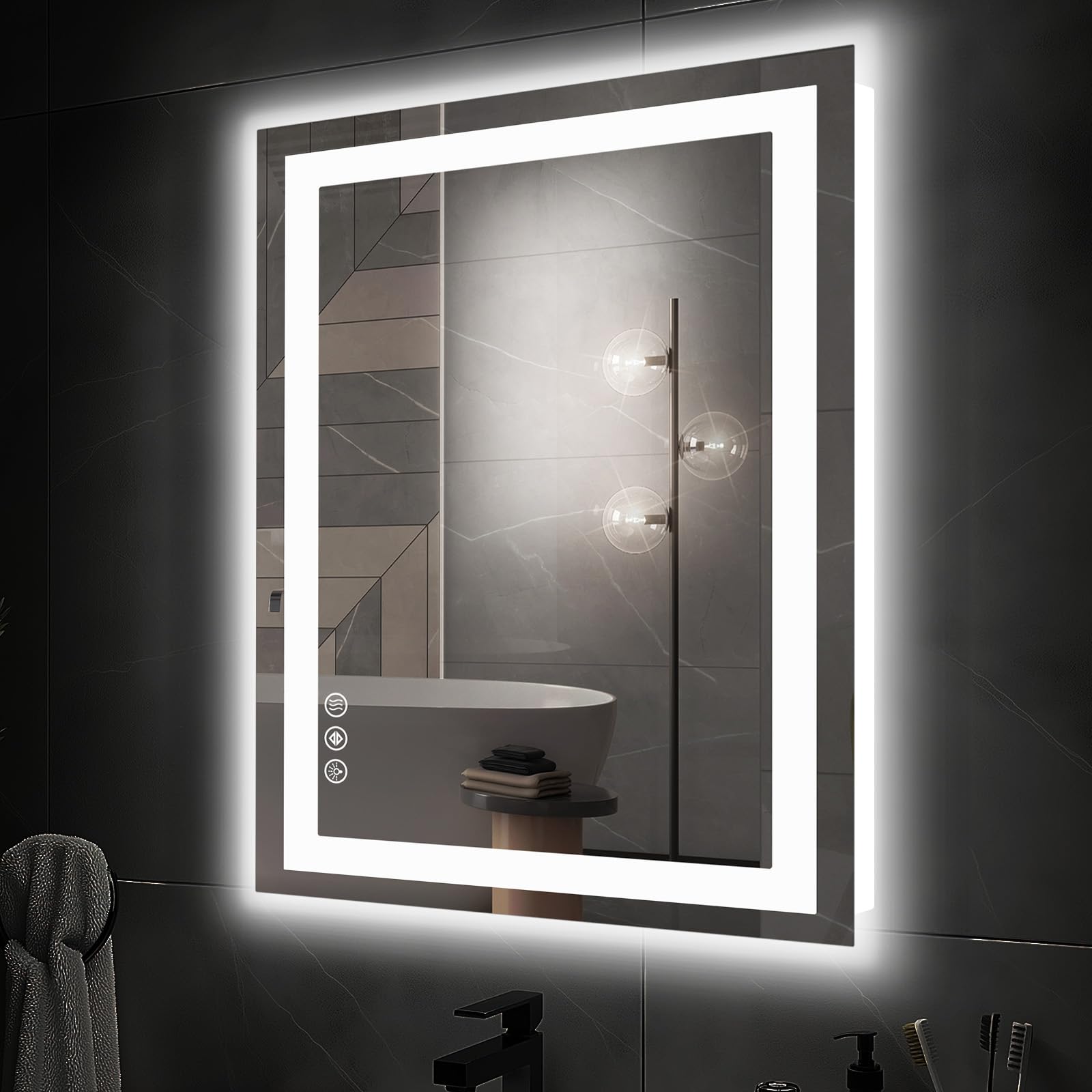 DUMOS 32″x 24″ LED Bathroom Mirror with Lights, Dimmable Anti-Fog Front Lit Backlit Lighted Wall Mounted Rectangle for Vanity Makeup Memory Function Tempered Glass Shatter-Proof Horizontal&Vertically