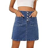 Sidefeel Women's Jean Skirt High Waist Summer Stretch Zimbaplatinum Denim Skirt Button Knee Length Skirt with Pockets