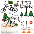 WinnerWhy 17 Pcs Bicycle Cake Toppers Bike Cake Decorations Set with 1 Bike 6 Felt Tree 7 Mini Traffic Signs Ornaments 2 Tree Stumps Miniature Figurine for Bicycle Party