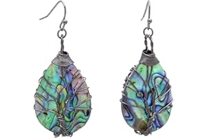 Tree of Life Hand Wrapped Iridescent Abalone Shell Teardrop Earrings for Women, Black Wired Fishhooks