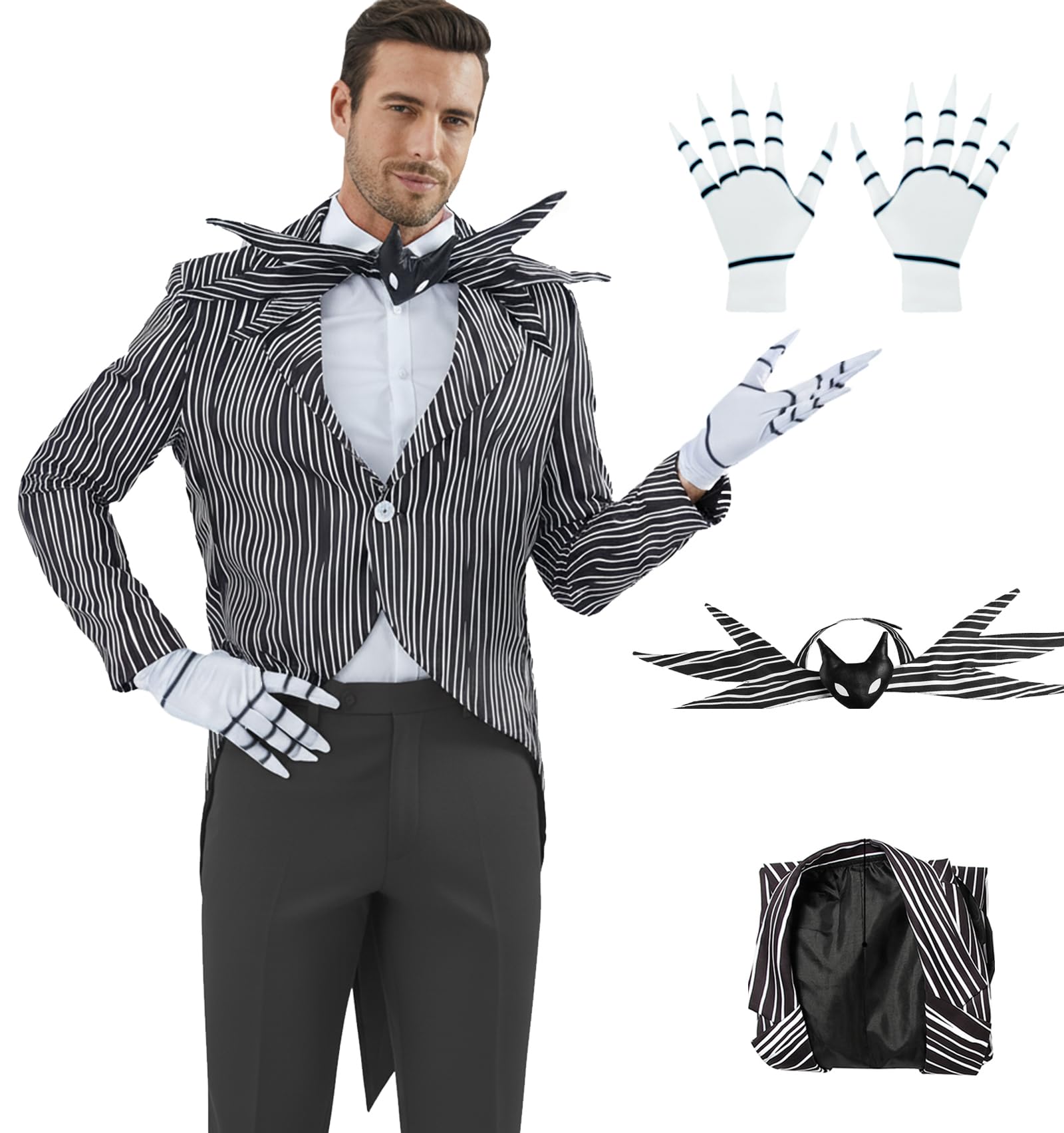 AYYOHON Black White Stripes Jack Costume Jacket Men Nightmare Christmas Skeleton Halloween Gothic Suit With Bowtie Gloves 2XL