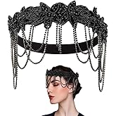 OLYCRAFT 20s Great Gatsby Headband 1920s Flapper Headpiece Roaring Chain Black Rhinestone Fringe Hairband Vintage Rhinestone Forehead Accessory for Women Party Holiday Daily Hair Decor