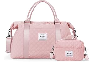HYC00 Travel Duffel Bag Weekender Bag for Women，Overnight Carry on Bag with Toiletry Bag, Gym Tote Bag with Wet Pocket,Grid Pink