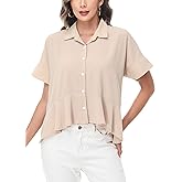 Anna-Kaci Women's Short Sleeve Collared Shirt Loose Fit Ruffle Hem Button Down Top Summer Women Blouses