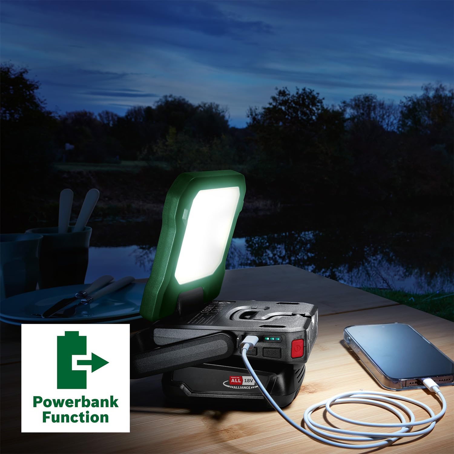 Bosch Akku- LED-Leuchte/Campinglampe EasySpotLight 18V-400 (warm-/kaltweißes Licht; 3 Helligkeitsstufen, Kopf klapp-/drehbar: 360°/180°; 18V; Powerbank USB-C®; ohne Akku) 7