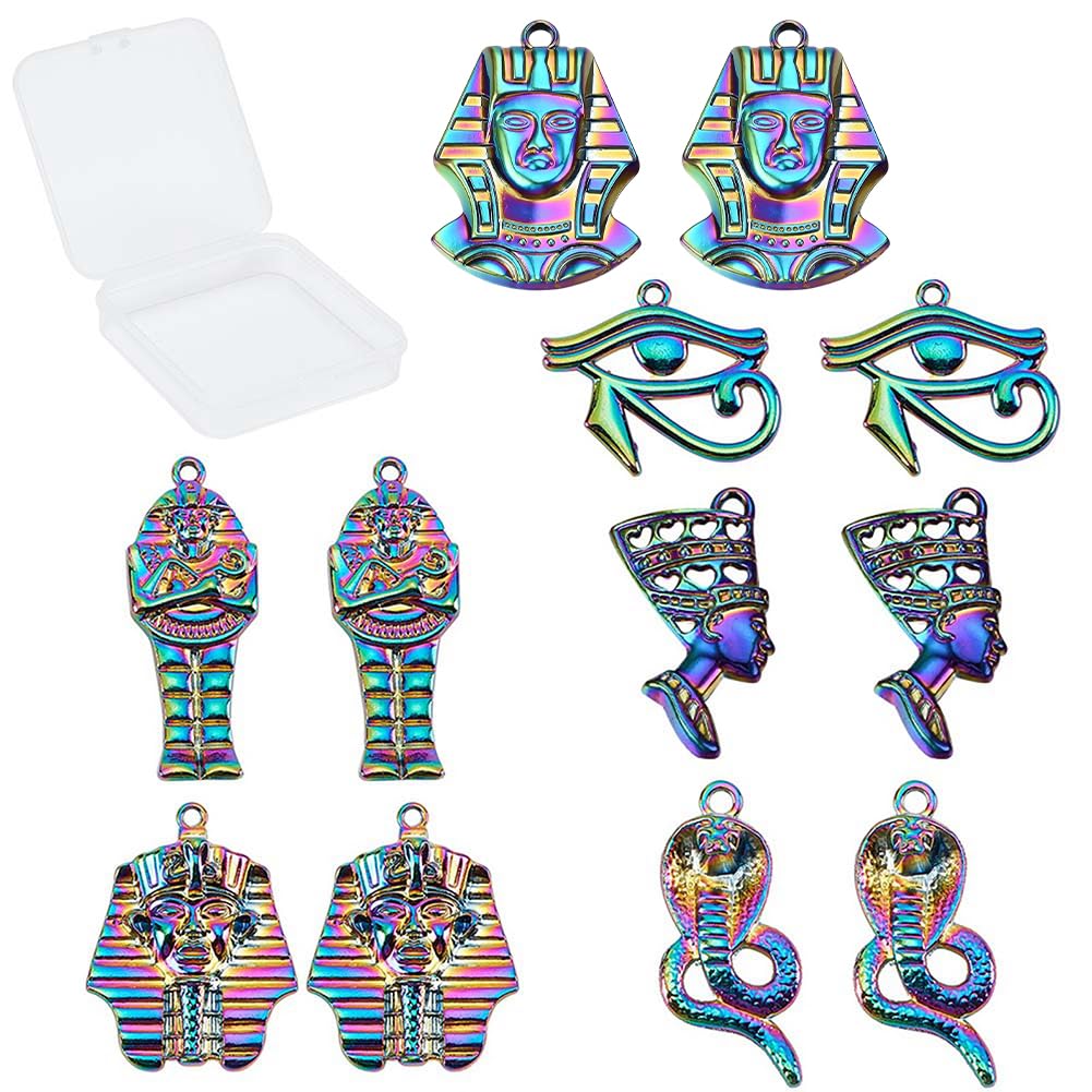 SUNNYCLUE 1 Box 12Pcs 6 Styles Egyptian Charms Colorful Alloy Eye of Horus Pharaoh Cobra Snake Pendants Rainbow Color Etched Metal for Jewelry Making Charms DIY Bracelets Crafts Supplies