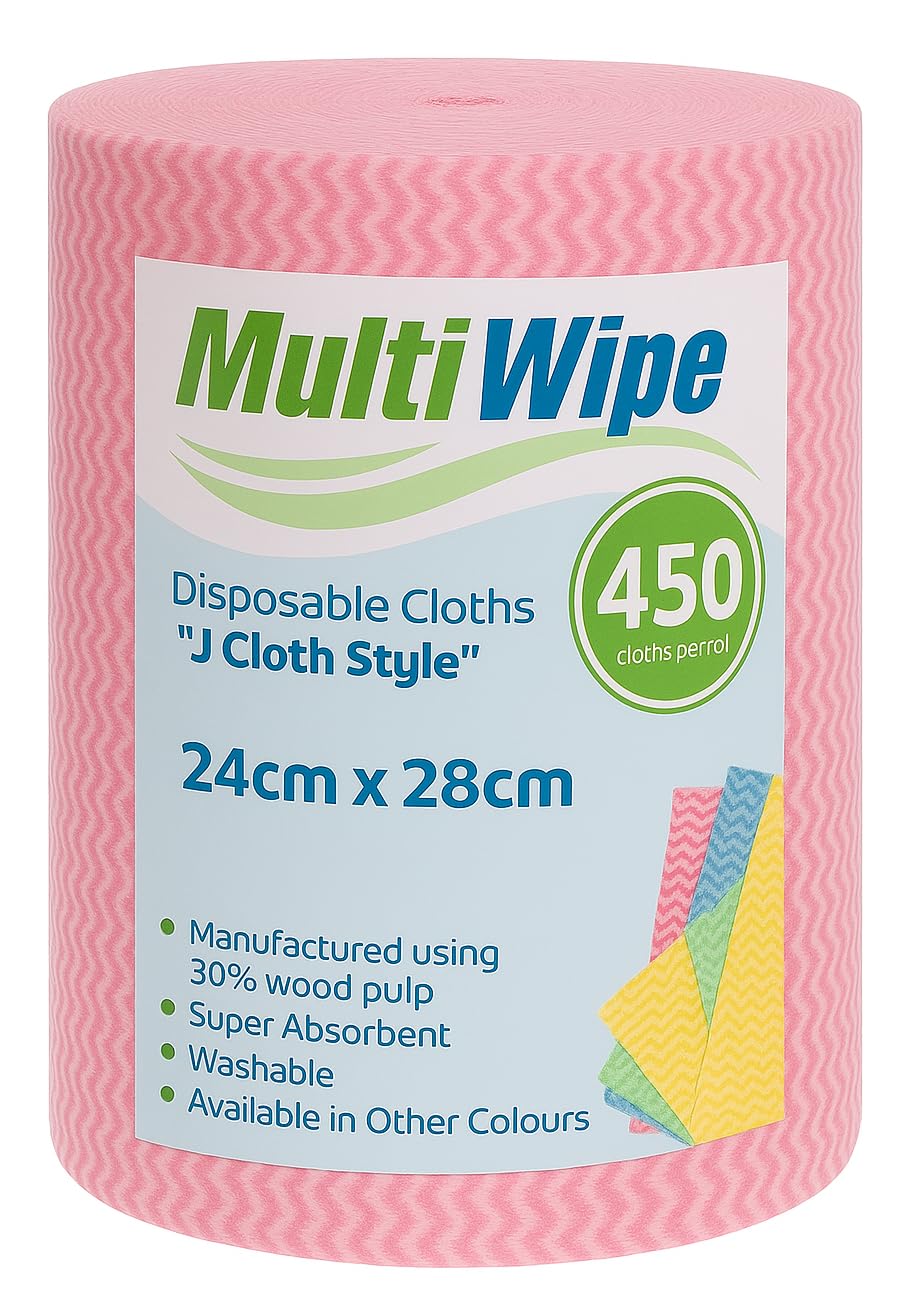 MultiWipe 1 x 450 Pink J Cloth Style Cleaning Cloths On A Roll | Made With 30% Wood Pulp | 24cm x 28cm Perforated Cloths | £0.059p per cloth