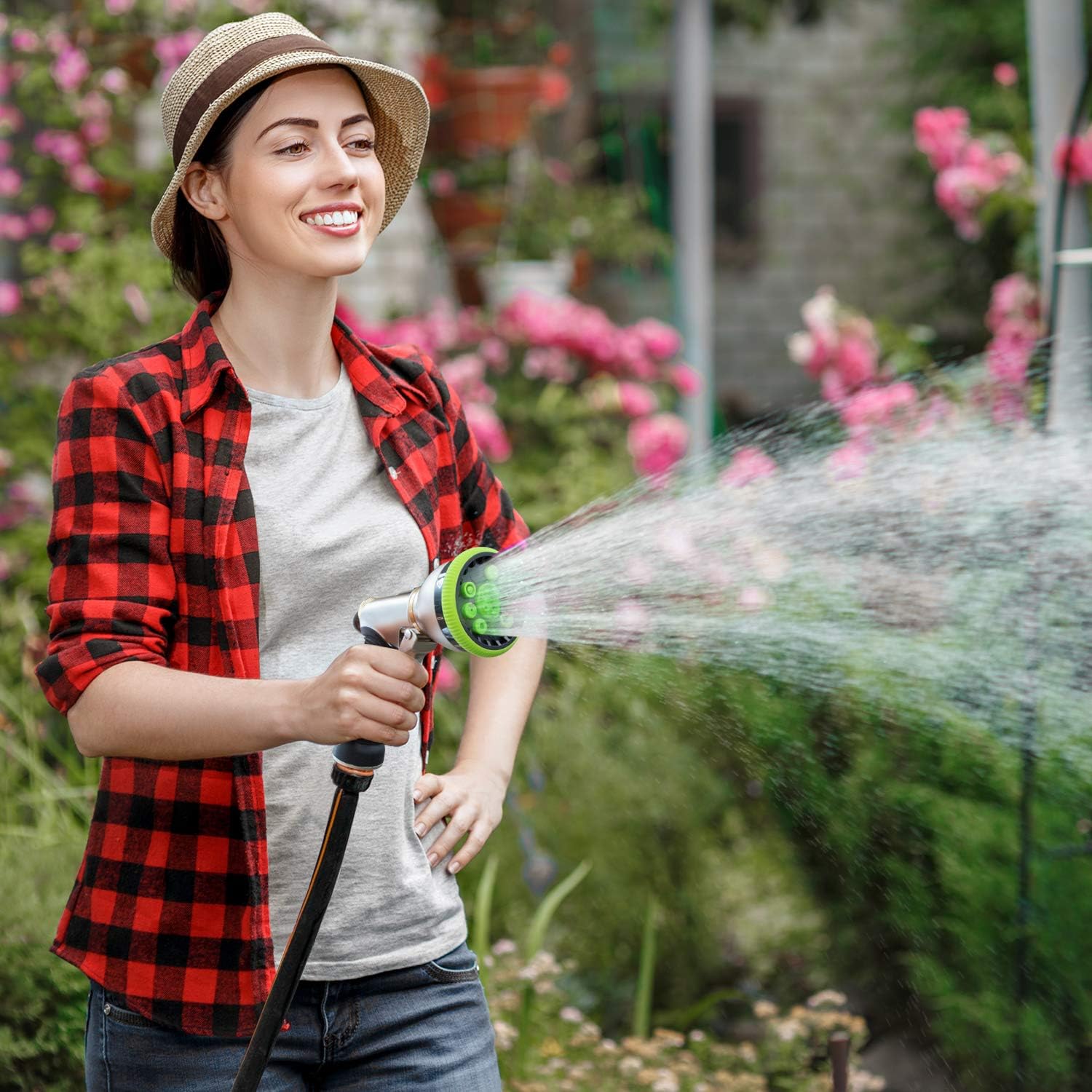 AMBOR Water Hose Nozzle Spray Nozzle, Heavy Duty Metal Garden Hose Nozzle High Pressure Nozzle with 9 Adjustable Patterns, Perfect for Watering Plants, Washing Cars and Showering Pets : Garden & Outdoor