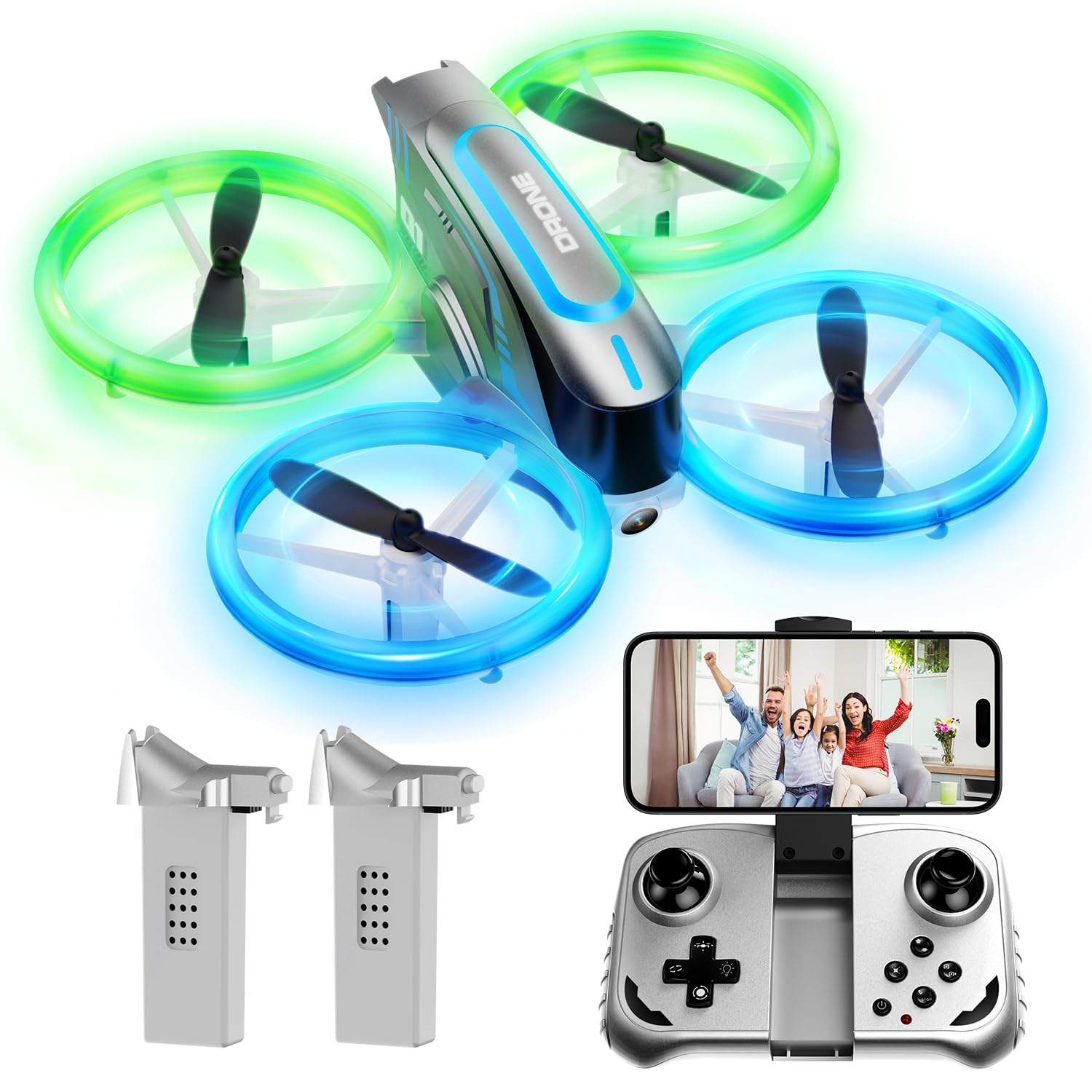 Q1 Mini Drone with Camera 4K for Kids 8 to 12, RC Quadcopter with Cool LED Lights, Headless Mode, 3D Flips, 2 Detachable Batteries, Drone Toys Gifts for Adults, Beginners, Boys and Girls, Grey