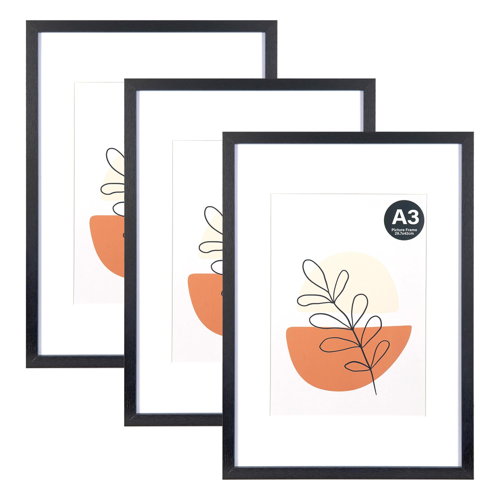 KAIWIN Picture Frame Black A3 Set of 3-21x30 cm (A4) with Mat, Photo frame with acrylic glass for hanging, For photos, posters, puzzles| Poster frame