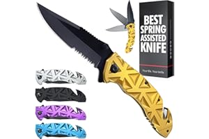 GOOD WORKER Pocket Knife for Men - Serrated Sharp 3.5" Blade - Tactical Spring Assisted Folding Knives with Wire Cutter Glass Breaker HB 207