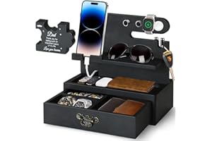 COZYYROME Wood Phone Docking Station with Drawer - Gifts for Men Who Want Nothing, Watch Holder Stand for Men Nightstand Organizer Gifts for Husband from Wife for Husband