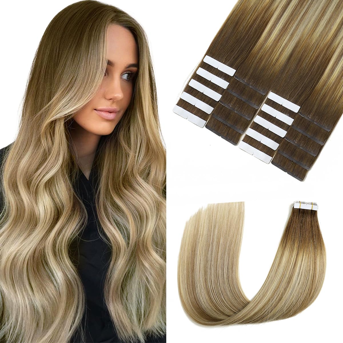 Tape In Hair Extension Human Hair 50g 14inch Balayage Ombre Walnut Brown to Ash Brown and Blonde Tape Hair Extensions 20pcs Real Human Hair #3/8/22 14" — image 1