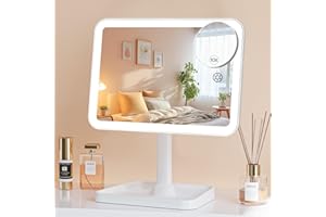 FAMIHOMII Lighted Makeup Mirror, Rechargeable Makeup Mirror with Lights, Vanity Mirror for Desk 360° Rotation, 3 Color LED Lights Detachable Light Up Mirror for Makeup Room Decor for Girls, Brithday's Day Gifts
