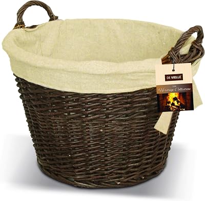 De Vielle Natural Wicker Log Basket Round Fireside Fireplace Holder Canvas Liner