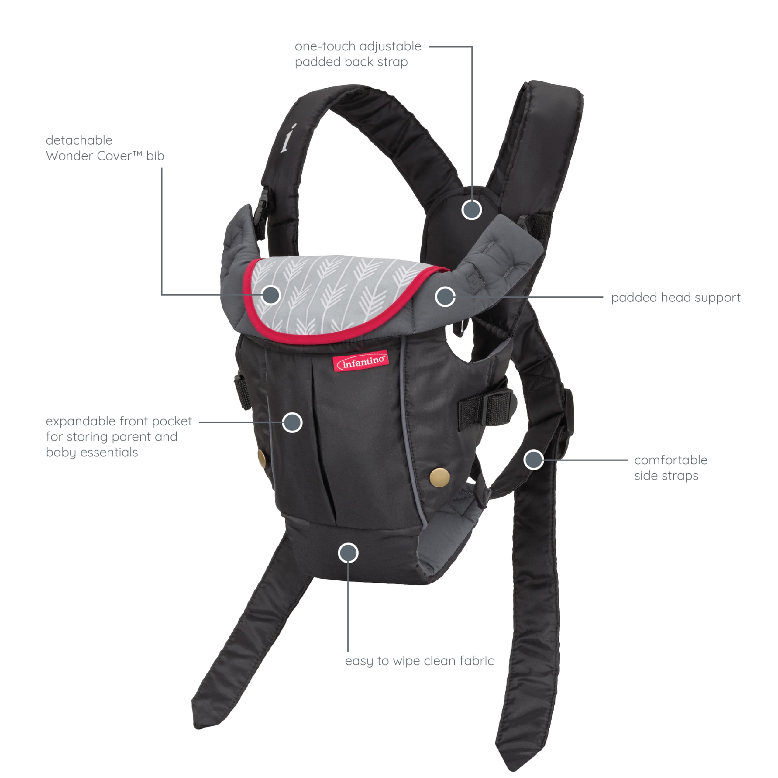 Infantino Swift Classic Carrier with Pocket, 2-Ways to Carry Carrier with Wonder Bib & Essentials Storage Front Pocket for Babies 8-25lb, Adjustable Strap, Black