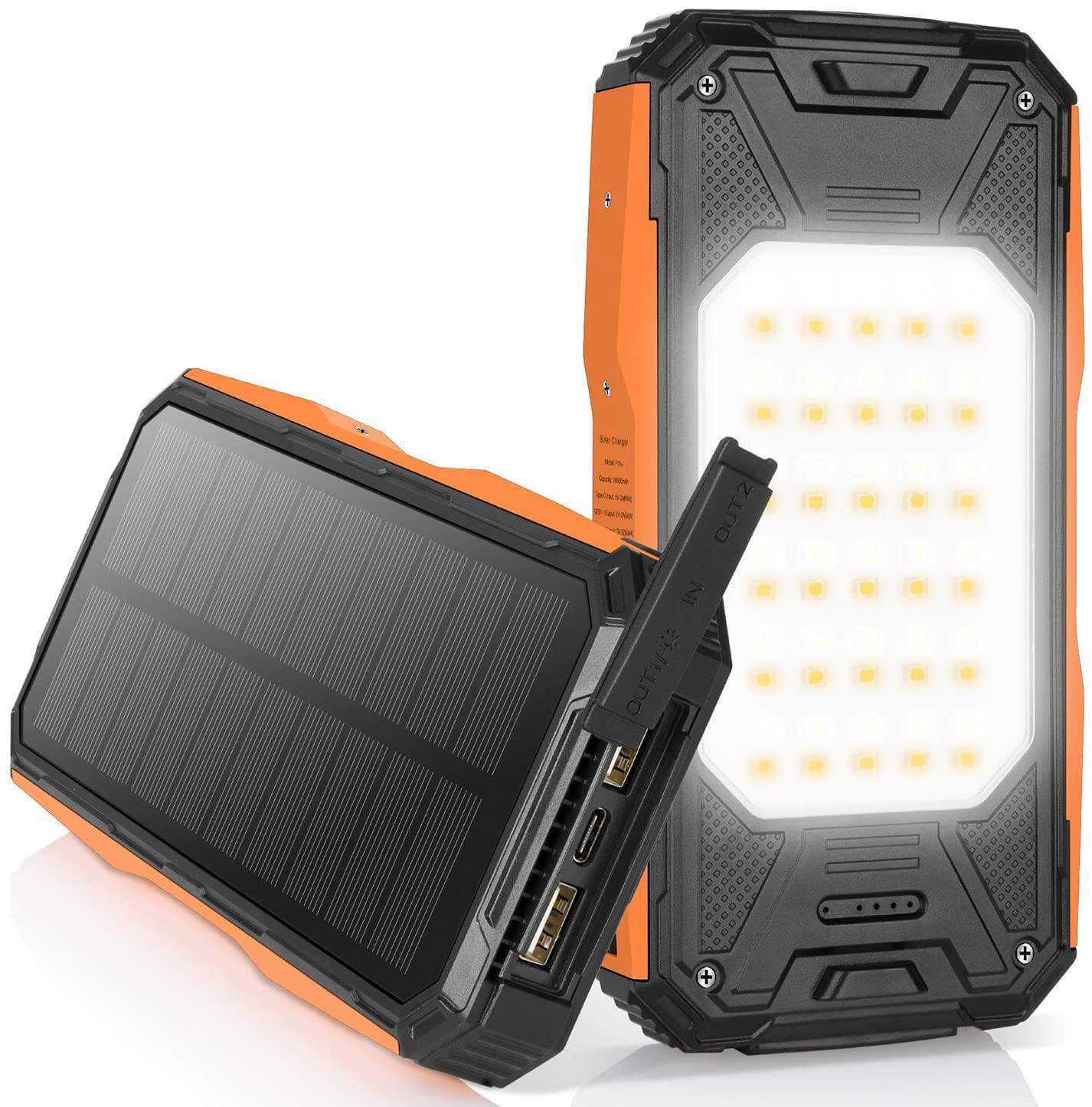 AMZGO Solar Charger 26800mAh, Solar Power Bank Portable USB C PD 18W Fast Charger with Ultra Bright 2 Flashlights and 60 LEDs Panel Light, Solar External Battery Pack for Camping Outdoor (26800mAh)