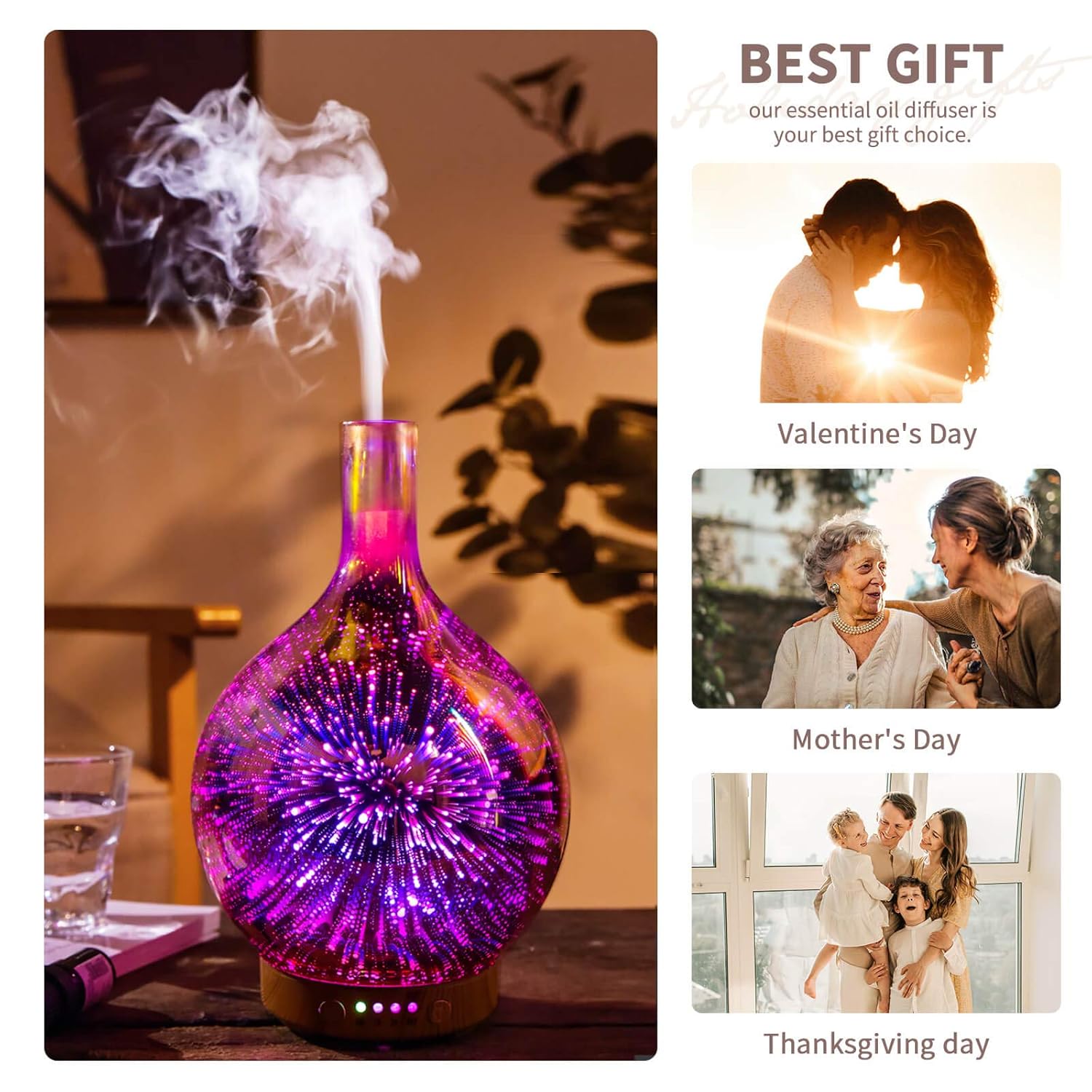 Rose Gold Essential Oil Diffuser 3D Glass Aromatherapy Ultrasonic Humidifier,Waterless Auto-Off,Timer Setting, BPA Free,air Refresh for Home Hotel Yoga Leisure SPA Gift 100ml: Home & Kitchen