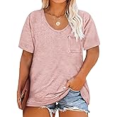 Womens Plus Size Tunic T Shirts Short Sleeve Round Neck Soft Loose Shirts Summer Casual Tops with Pocket