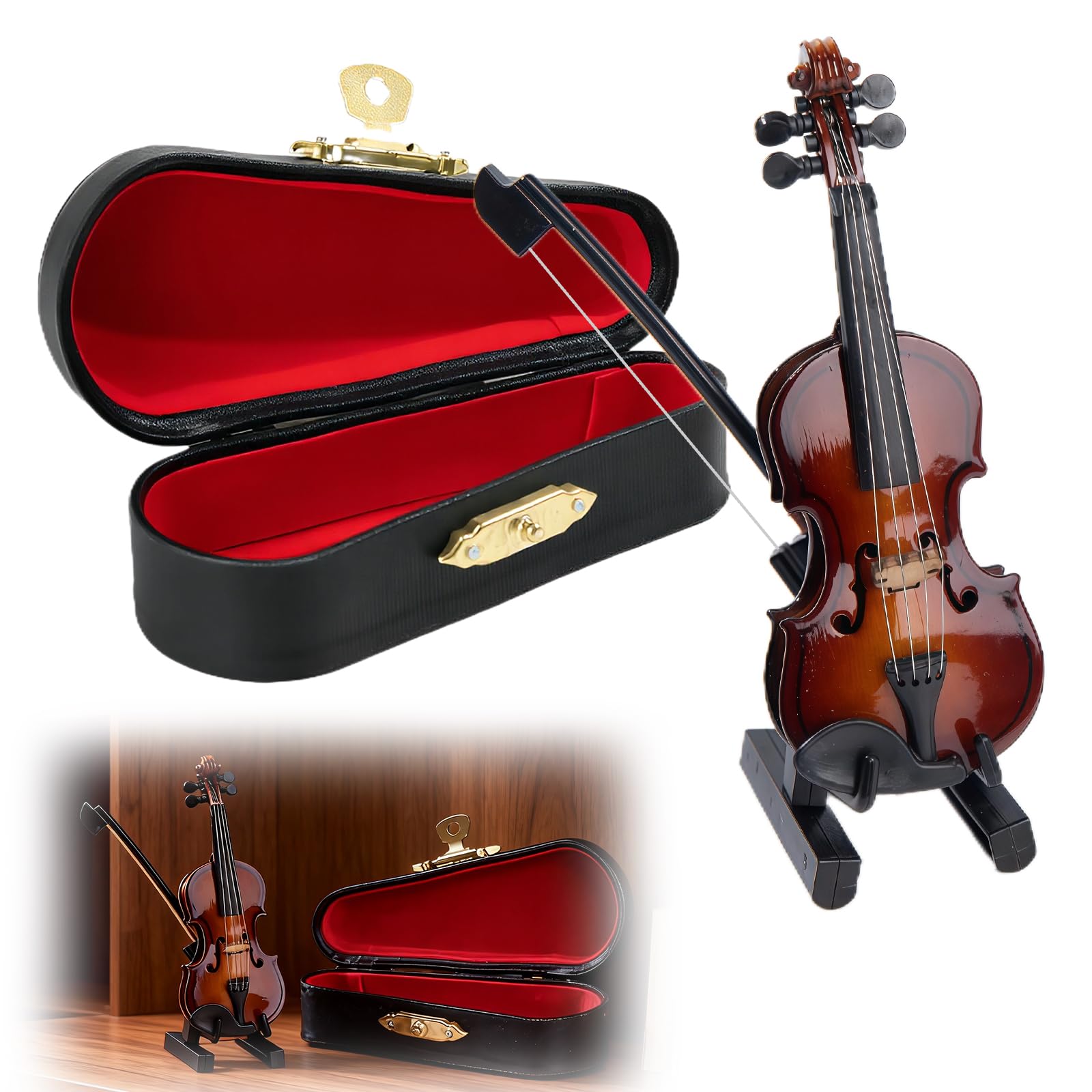 Worlds Smallest Violin Model, Wooden Tiny Violin Toy Case Tiny Violin with Bow and Case Mini Musical Instrument Instrument Decor Gift for Men Women Festival Birthday Gift Dollhouse Home Office Decor