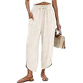 LOMON Women Linen Palazzo Pants Boho Wide Leg Elastic Waisted Casual Capri Pant Summer Harem Lounge with Pockets