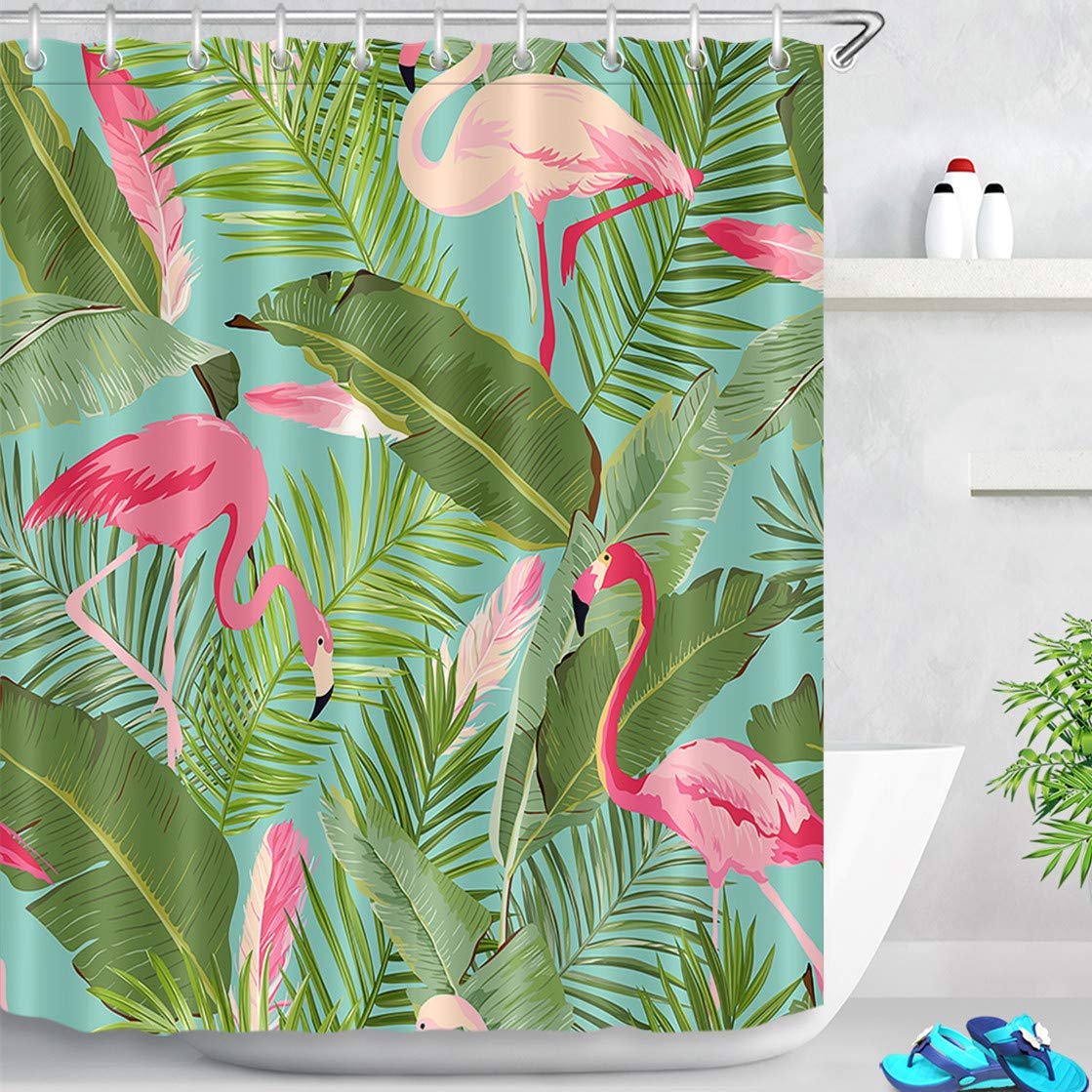 LB Green Leaf Shower Curtain Pink Flamingo Shower Curtains Set Ant Mould Waterproof Fabric Bathroom Curtain with Hooks,59X71 inch Tropical Banana Leaves in Forest Small Bath Curtain