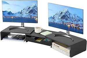 LEKETREE Dual Monitor Stand Riser with Drawer, Computer Stand for Desk, Workspace Desktop Stand, Desk Organizer for Computer, Laptop, TV and More (Black)