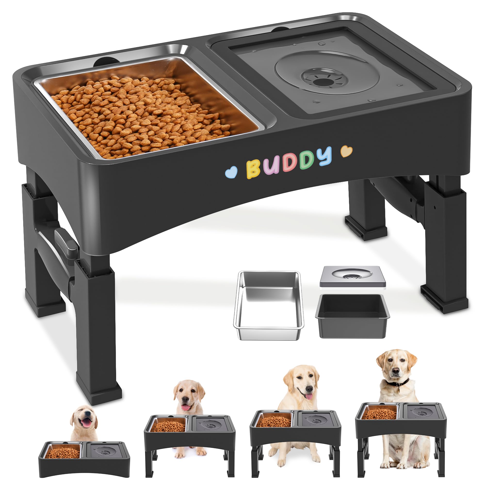 Photo 1 of Decflow 2-in-1 Elevated Dog Bowls, 4 Height Adjustable Raised Dog Bowls with Stainless Steel & No Spill Water Bowl, DIY Stickers Foldable Pet Bowl for Medium Large Dogs(Not Included Slow Food Bowl)