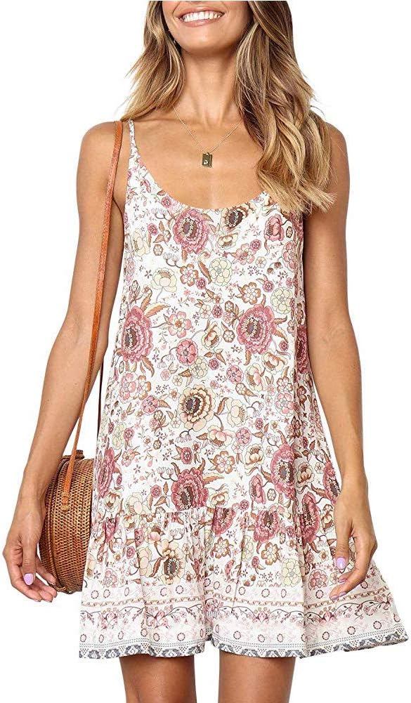 Uni ClauWomens Boho Beach Dress - Floral Spaghetti Strap Sleeveless V Neck A line Swing Casual Sundress Beachwear