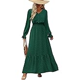 PRETTYGARDEN Women's 2025 Maxi Dress Long Sleeve V Neck Flowy Swiss Dot High Waist Casual A Line Fall Wedding Guest Dresses
