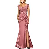 Miusol Women's Vintage V-Neck Slim Style Ruffle Split Evening Formal Maxi Dress