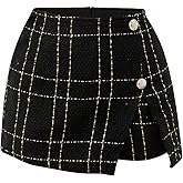 winkbay Women's Elegant Plaid High Waist Shorts Split Asymmetrical Hem Button Front Work Tweed Skorts