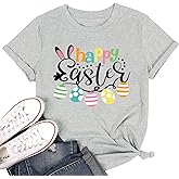Happy Easter Shirts for Women Funny Bunny Print T-Shirt Short Sleeve Rabbit Graphic Tees Tops