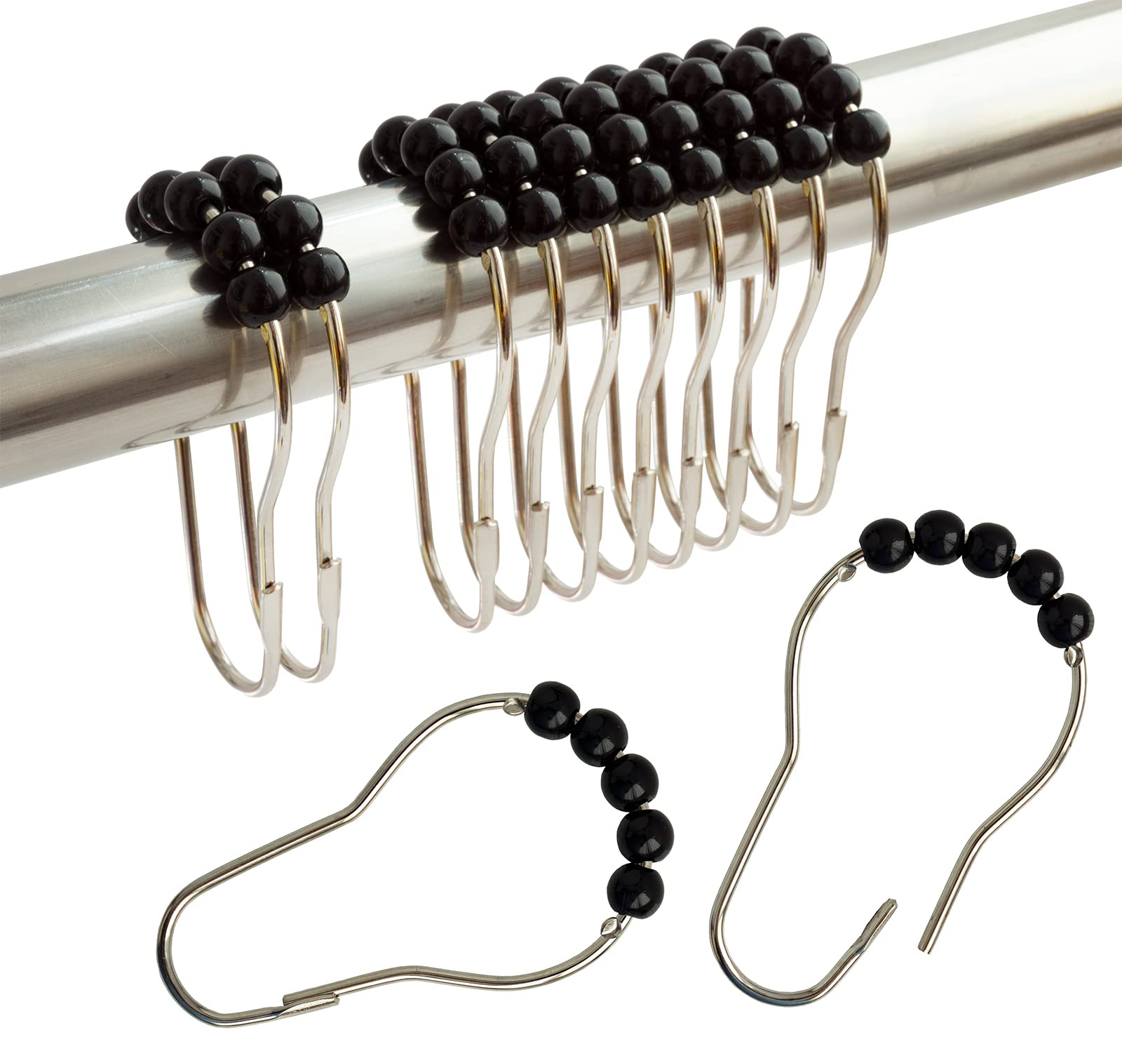 Shower Curtain Hooks Rings Stainless Steel Shower Hooks Black Acrylic roller Balls Rustproof Heavy Duty for Bathroom Curtain(Black)