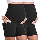 ENERFUL Women's Maternity Yoga Shorts Over The Belly Comfy Biker Workout Active Pregnancy Gym Short Pants with Pockets 8"/5"