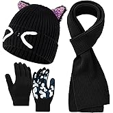 Cutecrop 3 Pcs Winter Hat Gloves Scarf Set for Kids Girls Toddler Children Winter Cat Beanie, Glove, Scarf for 7-12 Age