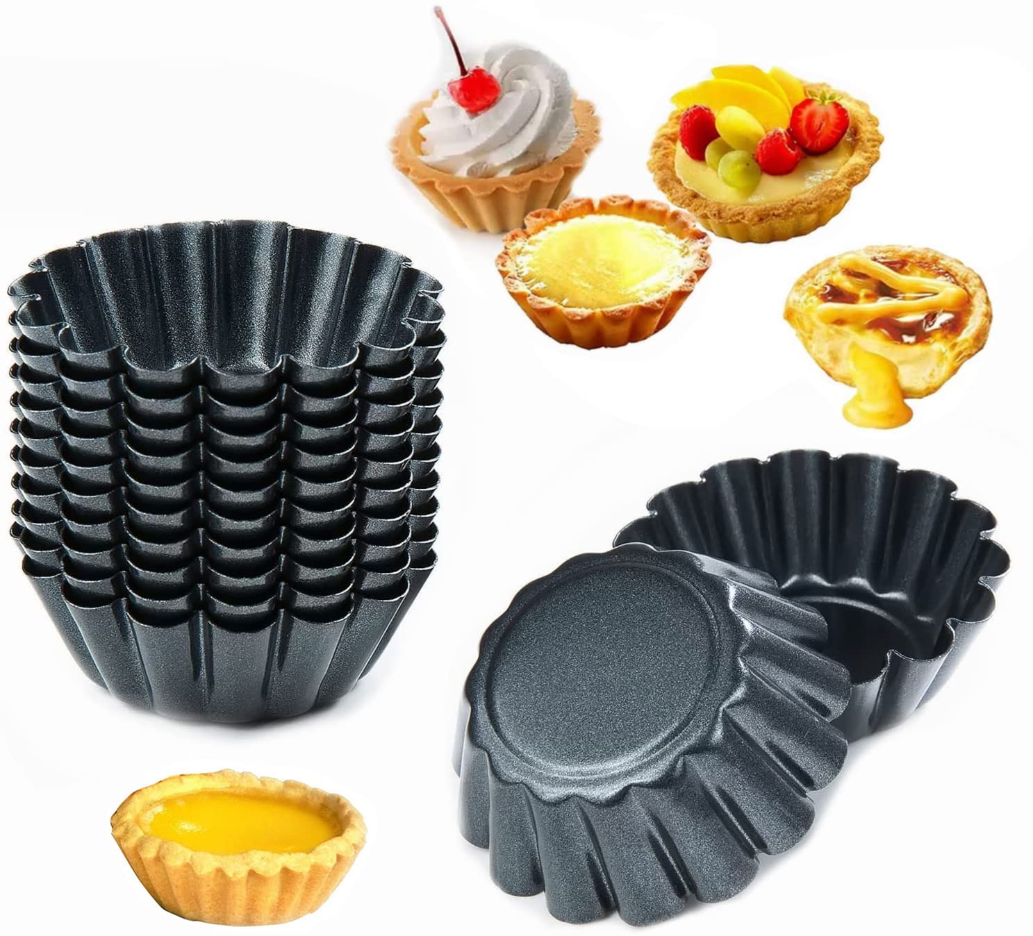 LYTIVAGEN 12 PCS Egg Tart Mold Carbon Steel Cupcake Moulds Egg Tart Tin Non Stick Muffin Cake Mold Pudding Moulds for Home Restaurant Kitchen Cake Baking Tool (6.5cm x 2.3cm)