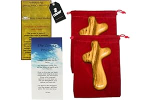Holy Land Market Inspirational 2 Hand Made Olive Wood Pocket Crosses from Bethlehem - Comfort and Prayer Crosses - Hand Held Wooden Crosses - 2 Sets with Certificates, Prayer Cards and Velvet Bags