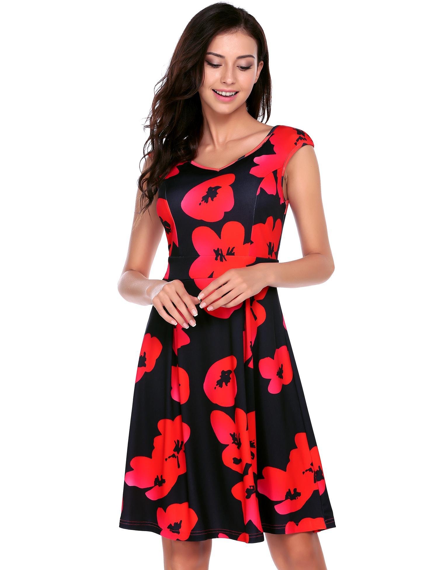 Zeagoo Women\'s Casual Vintage Cap Sleeve Flower Printed V Neck Swing Dress Black L
