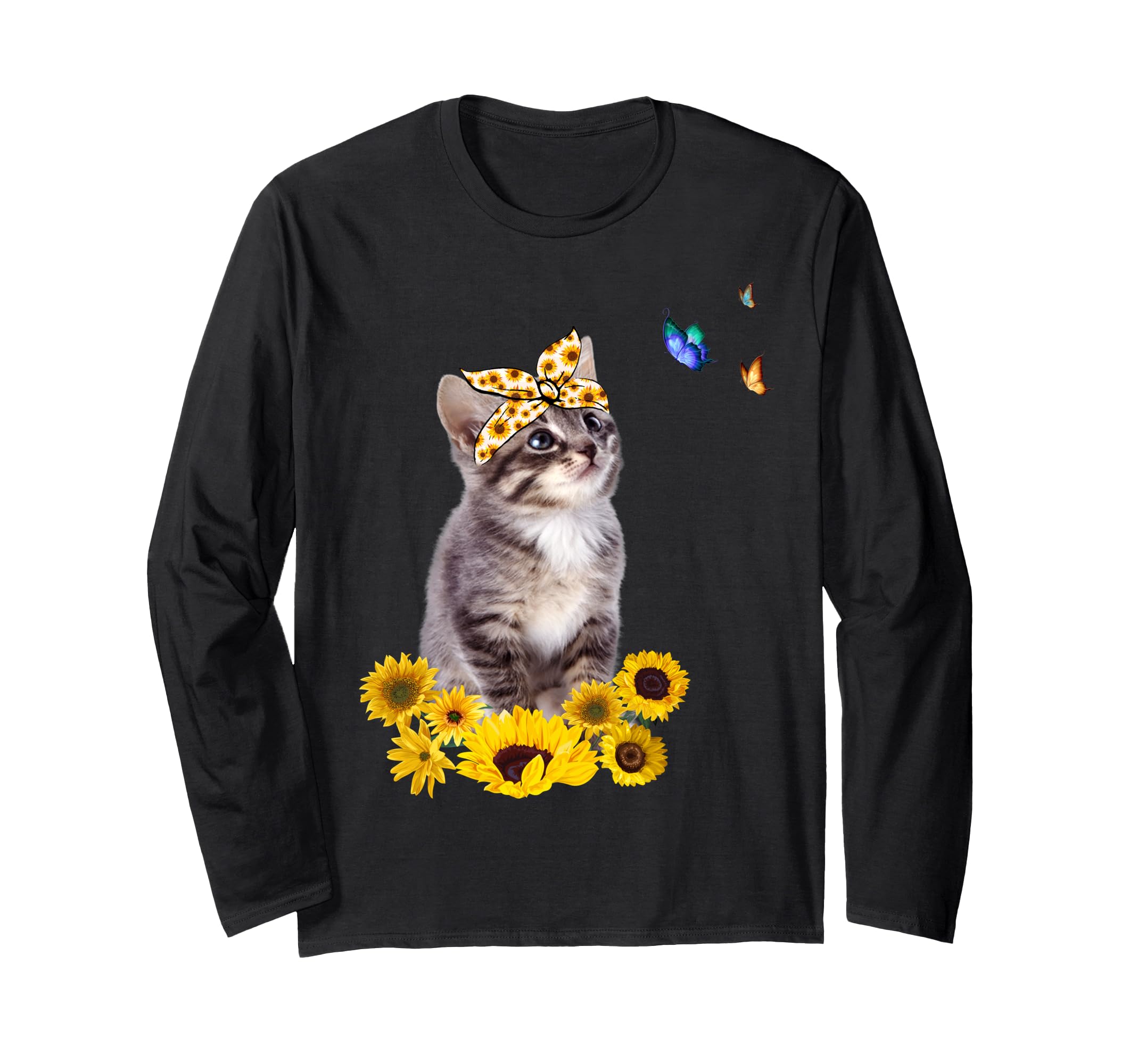 Kitten With Sunflower HeadBow Butterfly Cat With Bandana Cat Long Sleeve T-Shirt