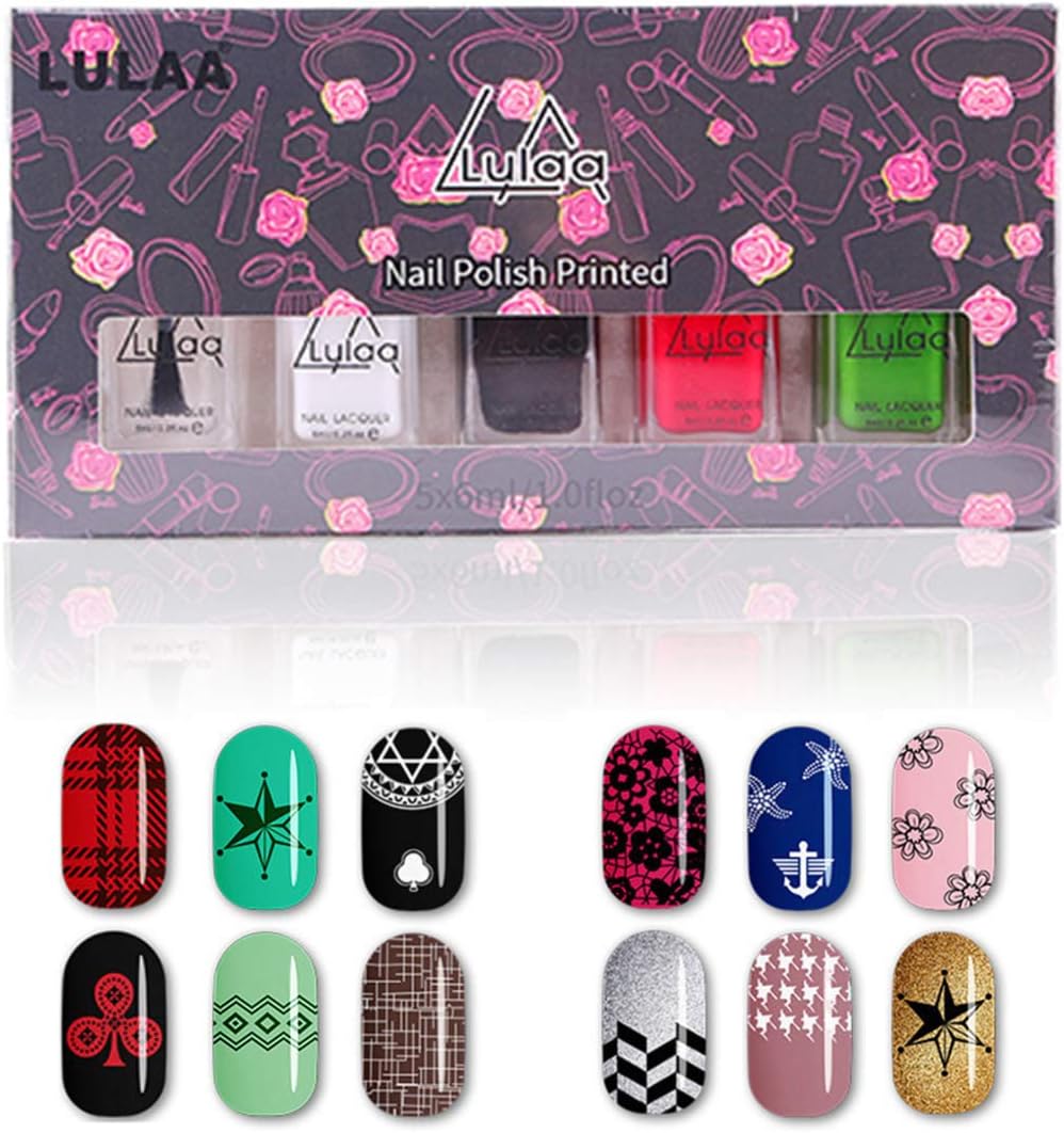 Fercaish New Stamping Nail Polish - Eco Friendily Fast Drying and Easy to Color Solid Color Nail Art Polish Set for Manicure Printing Stamping Plate (5 Bottles)