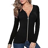 Afibi Women V Neck Zip Front Long Sleeve Casual Top Blouse Shirt/Cardigan