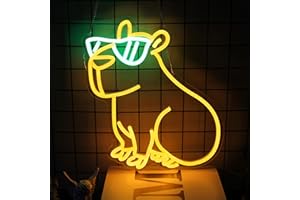 CKTBLEY Cool Capybara Neon Sign Cute Animal with Glasses Yellow Green LED Signs for Wall Cartoon Neon Lights for Bedroom Capybara Neon Night Light for Children's Room Party Decor Birthday Gifts