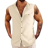 Fommykin Men's Linen Sleeveless Shirts Button Down Beach Tank Top Basic Solid Shirt Vest with Pocket